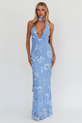Cipriana Backless Halter Maxi Dress Embellished Blue